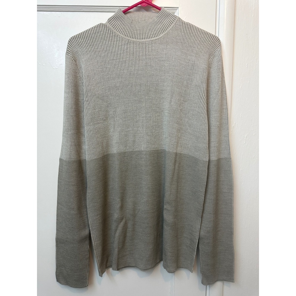 Reunion Menswear Silk Wool‎ Blend Ribbed Mock Neck Sweater Grey Tan Colorblock M
